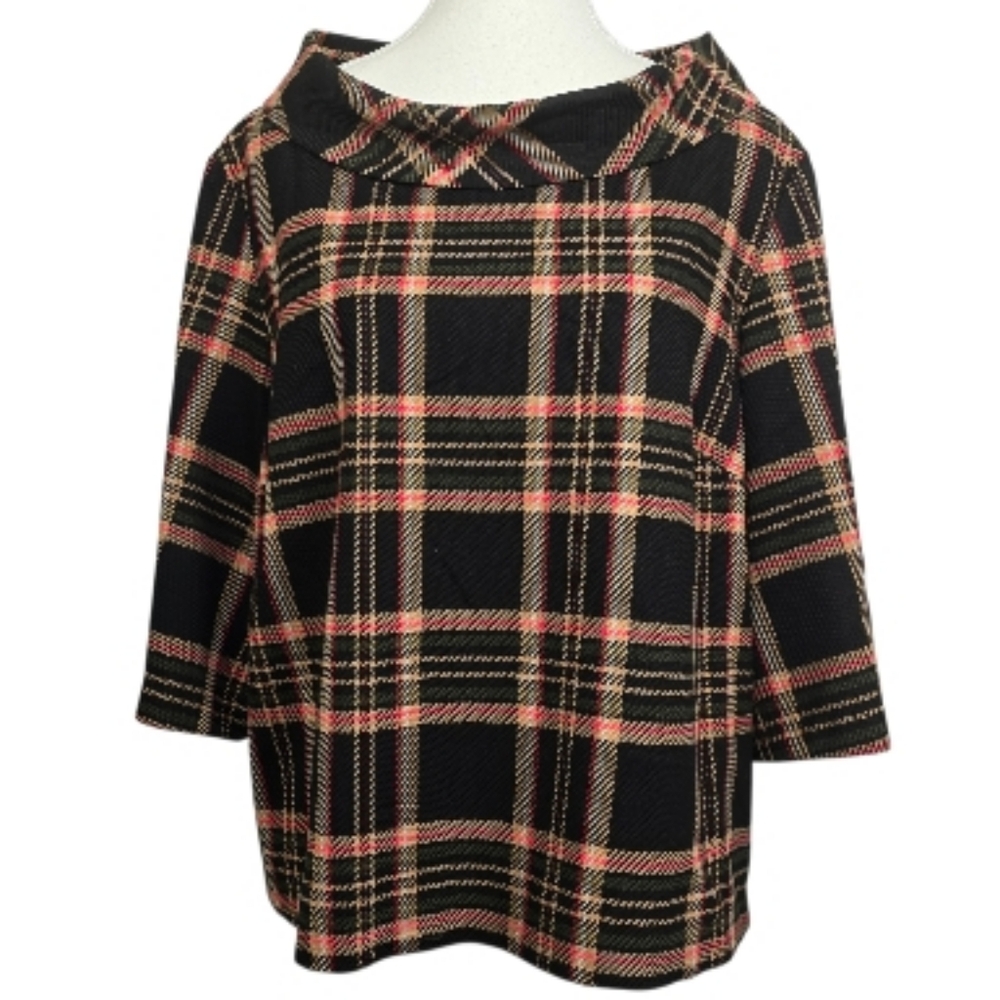 Trina Turk Multicolor Plaid Cowl Neck Blouse Sz XL 3/4 Sleeve Career Chic Top